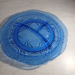 Cobalt Blue Three Sectioned Glass Plate 10ins by 10ins